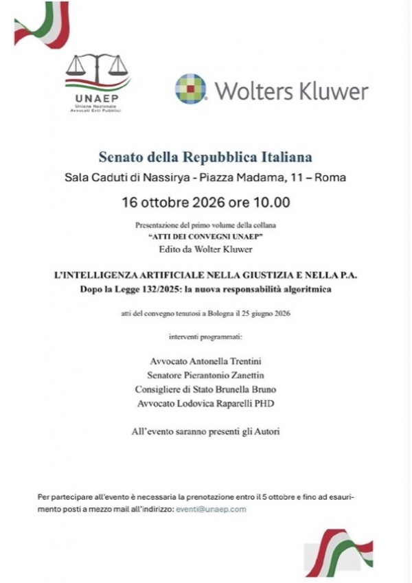 Avvocati: venerdì 16 ottobre convegno UNAEP su IA nella giustizia e nella Pa